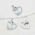 Silver swan heart pendant with opal teardrop and rhinestones DIY jewelry charm accessory - White Opal
