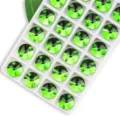 Green round sew-on glass crystals with double holes for garments and DIY crafts display. - 14mm 28 Pieces/Pack / Grass Green