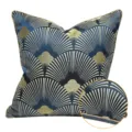 Blue art deco fan pattern throw pillow for living room sofa, luxury scandi cushion cover. - 40x60cm (Large Lumbar Pillow with PP Cotton Insert) / Blue AB Piping Style