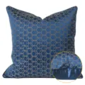 Premium blue square throw pillow cover featuring elegant golden geometric hexagon pattern variant. - 40x60cm Large Lumbar Pillow with PP Cotton Insert / Blue Geometric AB Style with Piping