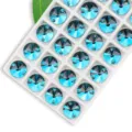 Round blue sew-on rhinestones with double holes for DIY crafts and garment decoration. - 14mm 28 Pieces/Pack / Peacock Blue