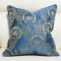 Detail view of New Chinese blue throw pillow cover with elegant gold botanical embroidery. - Blue 02 Piping