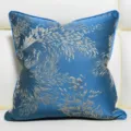 Blue throw pillow cover detail, abstract silver floral jacquard pattern, soft home decor. - Blue 03 Piping