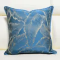 Luxury blue throw pillow cover with golden leaf jacquard design, elegant cushion. - Blue 06 Piping