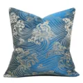New Chinese style blue jacquard throw pillow cover with traditional wave pattern for sofa. - Blue 07 No Piping