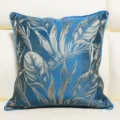 Detailed shot of luxury blue decorative pillow cover with gold botanical leaf jacquard pattern. - Blue 08 Piping