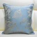 Details of the Chinese style jacquard throw pillow cover with elegant blue and gold wave pattern. - Light Blue 01 Piping