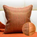 Funda de cojín de lujo moderna naranja oro patrón geométrico funda decorativa para sofá - Cojín lumbar grande de 40x60 cm con relleno de algodón PP / Café estilo AB con ribete