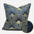 Federa decorativa blu scuro di lusso moderna con motivo a ventaglio dorato ed elegante. - 40x60cm (Grande Cuscino Lombare con Imbottitura in Cotone PP) / Blu Profondo Stile Profilo AB