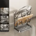 Kitchen pot lid rack and cutting board holder, dual use wall mounted countertop kitchen organizer. - 2-Tier Pot Lid Rack / Gunmetal