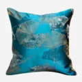 Teal blue luxury cushion cover with metallic gold and silver ginkgo leaf jacquard pattern. - 40x60cm (With Feather Velvet Pillow Core) / Peacock Blue Shimmer Without Piping
