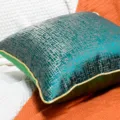 Modern luxury throw pillow case, blue jacquard cushion cover with elegant gold piping details. - Peacock Blue Fine Grid With Piping
