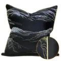 Housse de Coussin Bleue Moderne Broderie Or Carré Taie d'Oreiller Décoration Salon - 40x60cm Grand Coussin Lombaire avec Noyau en Coton PP / Modèle AB paysage noir avec passepoil