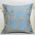 Blue and gold botanical pattern cushion cover detail shot, elegant jacquard pillowcase. - Light Blue 03 Piping