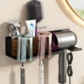 Support de sèche-cheveux en bois de Noyer organisateur de salle de bain pour brosse à dents - Style Couple (Avec Gobelets Colorés)