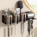 Support sèche-cheveux en noyer étagère murale salle de bains porte-brosses à dents tasses - Famille de Trois (Avec Gobelets)
