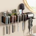 Support Sèche-Cheveux Noyer Organisateur Salle de Bain Étagère Porte-Brosse à Dents - Famille de Quatre (Avec Gobelets Colorés)