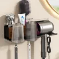 Support mural pour sèche-cheveux de salle de bains en bois avec porte-brosses à dents. - Style Couple (Avec Gobelets Cannelés)