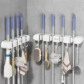 Supporto da parete per scopa e mocio per bagno, mensola portaoggetti senza foratura. - 4 Clip 5 Ganci - Confezione da 2 / Avorio