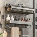 Space aluminum bathroom shelf wall-mounted towel rack storage organizer for home use - Double-Layer Bath Towel Rack with Shelf, Rod and 5 Hooks, 49cm