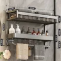 Space aluminum bathroom towel rack wall-mounted punch-free storage shelf with hooks. - Double-Layer Bath Towel Rack with Shelf, Rod and 5 Hooks, 57cm