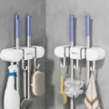 Supporto murale per scopa e mocio organizzatore con ganci per bagno e cucina risparmio spazio. - 2 Clip 3 Ganci - Confezione da 2 / Avorio