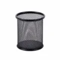 Black metal mesh pen holder, round desktop stationery organizer for office and school supplies. - Round / Black