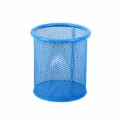 Blue round metal mesh pen holder desk organizer office stationery storage cup container - Round / Blue