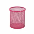 Round rose red metal mesh pen holder for desktop office organization and neat stationery storage. - Round / Rose Red