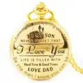 Gold pocket watch with engraved love message, vintage quartz chain watch for son gifts. - Picture 1