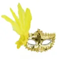 Gold masquerade mask with yellow feathers, sequin lace party eye mask for Halloween. - Yellow