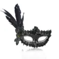 Black feather masquerade mask with sparkling sequins and lace embroidery for party events. - Black