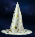 Halloween white wizard hat with gold star prints, perfect for costume party cosplay decoration. - White Star Hat