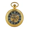 Vintage gouden skelet mechanische zakhorloge met Romeinse cijfers en versierde horlogekast. - Goud