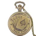 Vintage bronze pocket watch with royal flush poker cards design, quartz movement and chain. - Bronze-Colored Playing Cards