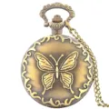 Vintage bronze quartz pocket watch with exquisite butterfly embossed cover and long chain accessory - Bronze-Colored Butterfly