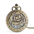Vintage bronze pocket watch with 3D carved rose flower relief, retro pendant necklace clock. - Hollow Rose / Bronze