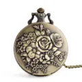 Vintage bronze floral embossed quartz pocket watch with chain for women fashion accessories - Bronze Rose