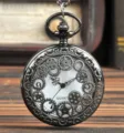 Vintage steampunk hollow gear quartz pocket watch with chain for men and women retro style. - Large Size (47mm) / Black
