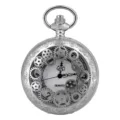 Reloj de bolsillo de cuarzo vintage plateado con engranaje esqueleto y carcasa grabada. - Plateado