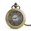 Vintage bronzen kwarts zakhorloge met sierlijk opengewerkt deksel en bijpassende ketting. - Brons