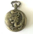 Detailed view of antique bronze quartz pocket watch with embossed dragon design and Chinese text. - Zodiac Dragon
