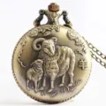 Vintage bronze quartz pocket watch featuring Chinese zodiac ram relief and chain necklace. - Zodiac Sheep