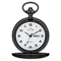 Zwarte vintage quartz zakhorloge met kalender, lichtgevende wijzers en klepdeksel. - Zwarte stijl met dubbele kalender