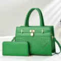 Green women handbag set with crocodile embossed PU leather, top handle and matching wallet. - Green