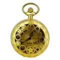 Vintage goudkleurige opengewerkte tandwiel quartz zakhorloge met decoratieve bloemenkast. - Goud