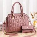 Stylish pink pleated women's handbag set, large capacity shoulder and crossbody bag with pouch. - Pink