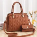 Stylish women's quilted handbag set, large capacity shoulder crossbody tote bag with pouch. - Yellow