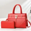 Red leather handbag set with croc texture, top handle shoulder bag and matching wallet. - Red