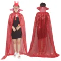 Halloween red sequin cloak cape costume front and back view festival party performance wear - Robe / Long Cape / Red